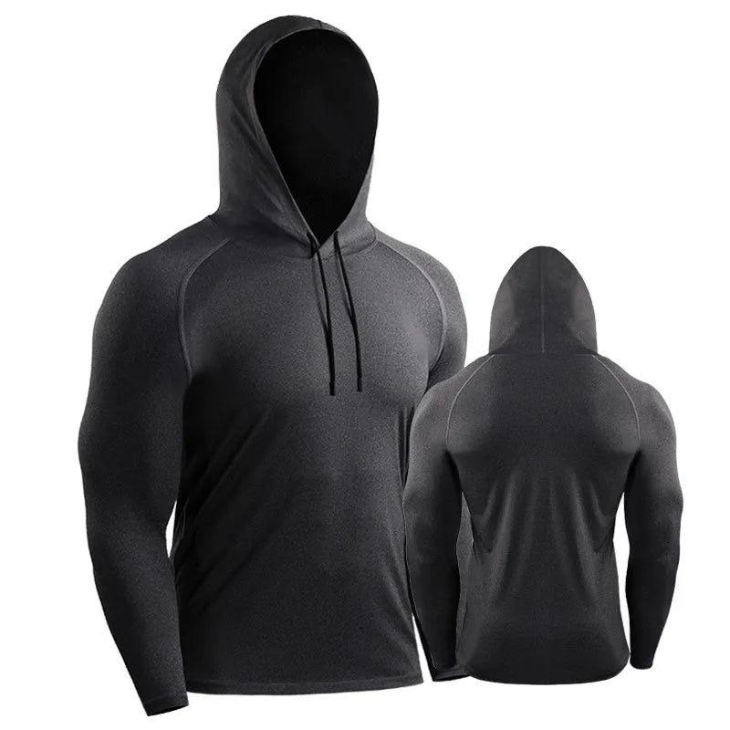 Slim long sleeve hooded workout top in polyester spandex, available in six colours and sizes M to XXXL