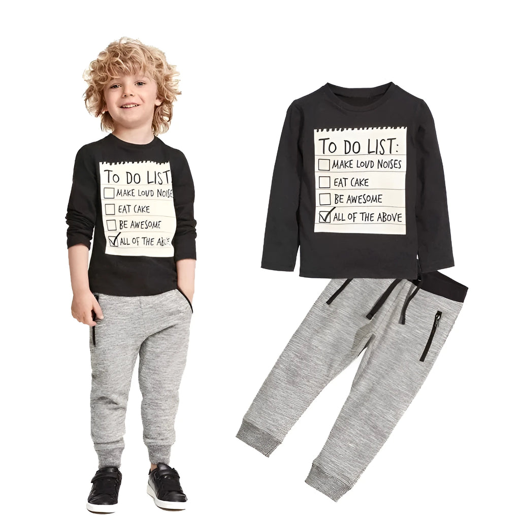 Boys cotton two-piece clothing set with letter print long-sleeved T-shirt and matching trousers