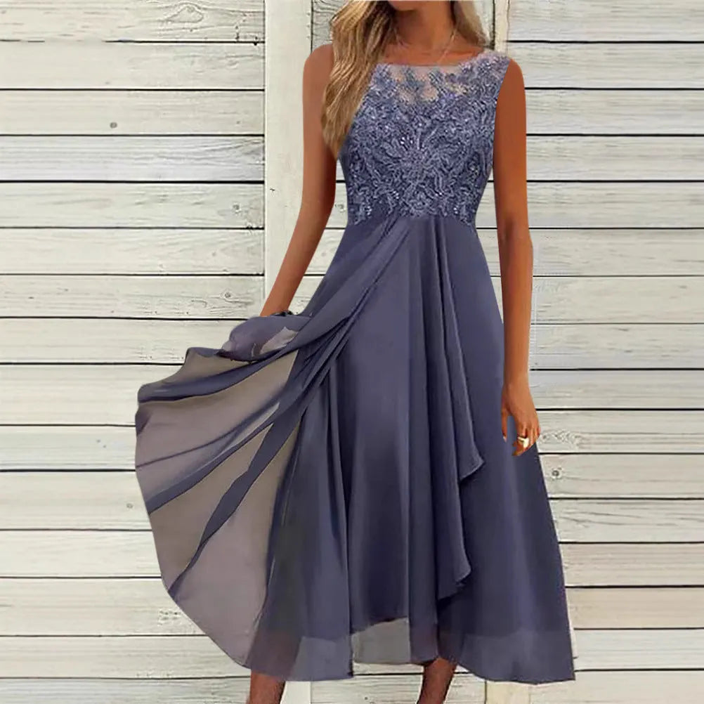 Women's sleeveless chiffon dress with lace hollow-out detailing in princess style