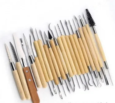 27-piece pottery clay tool set with stainless steel, wood, and plastic instruments for sculpture.