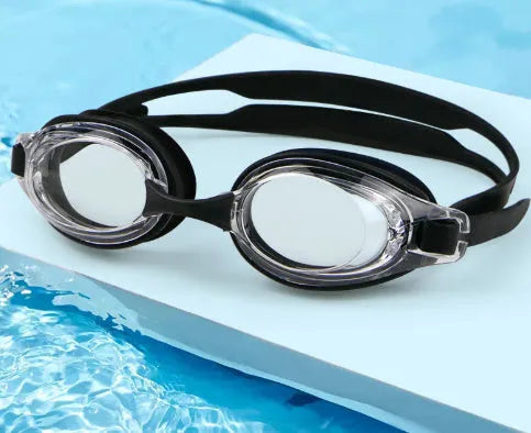 Black prescription swimming goggles for myopia with a hard-shell storage case.
