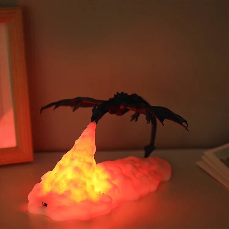 3D printed red dragon night light with glowing effect on a dark background