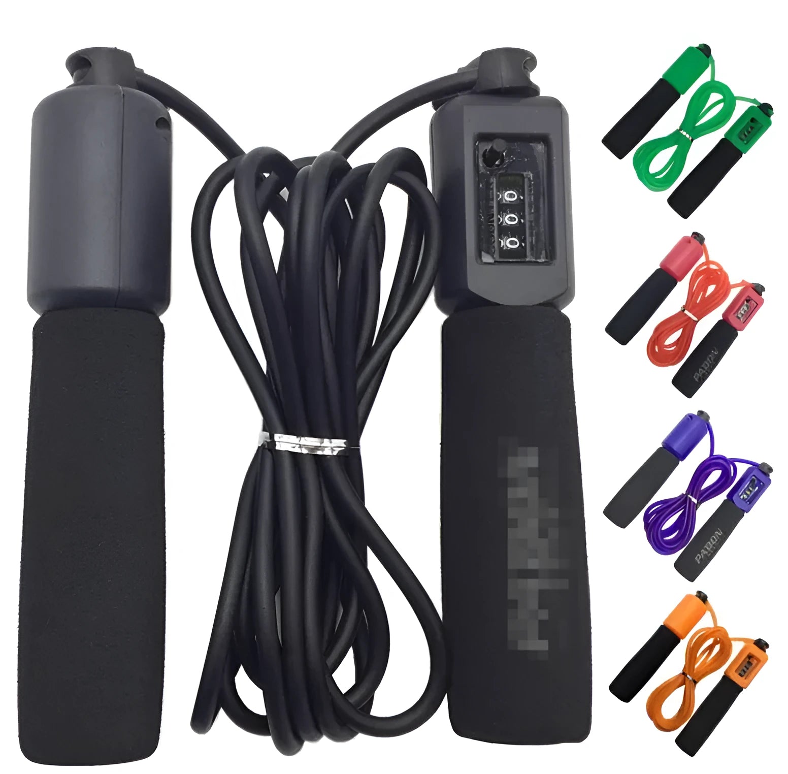 Adjustable length fitness skipping rope with sponge grip handles in multiple colour options