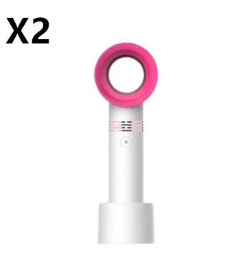 Compact portable bladeless fan in chosen colour on its base, with USB cable for charging.
