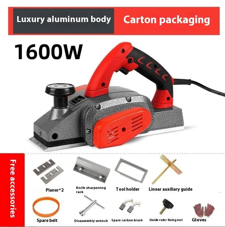 Red desktop electric planer with aluminium housing for woodworking showing 82mm planing width
