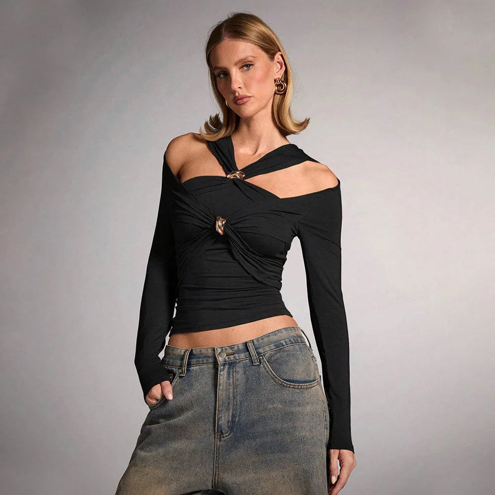 Black women's halter top with shoulder-baring neckline and long sleeves