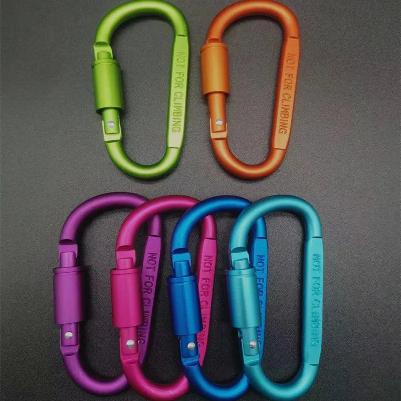 D-type aluminium climbing carabiner with screwgate lock in bright silver colour showing 8cm flat profile