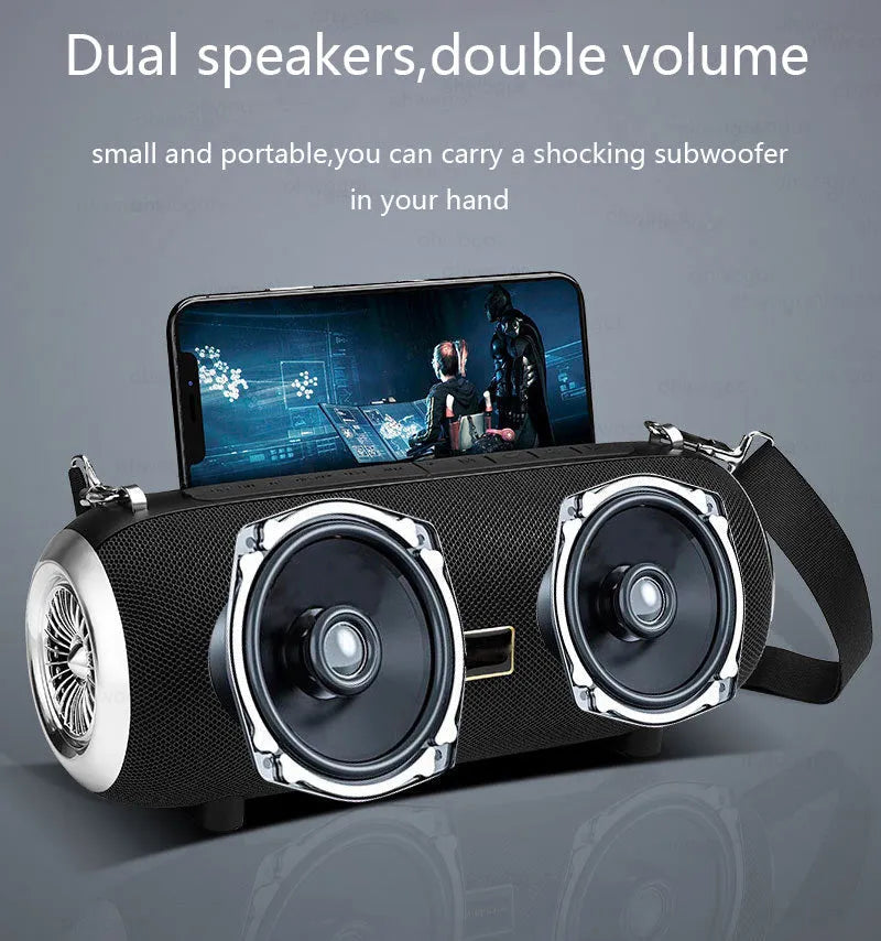 F666 portable fabric Bluetooth speaker with shoulder strap and mobile phone stand, shown in black, blue, camouflage, or red.