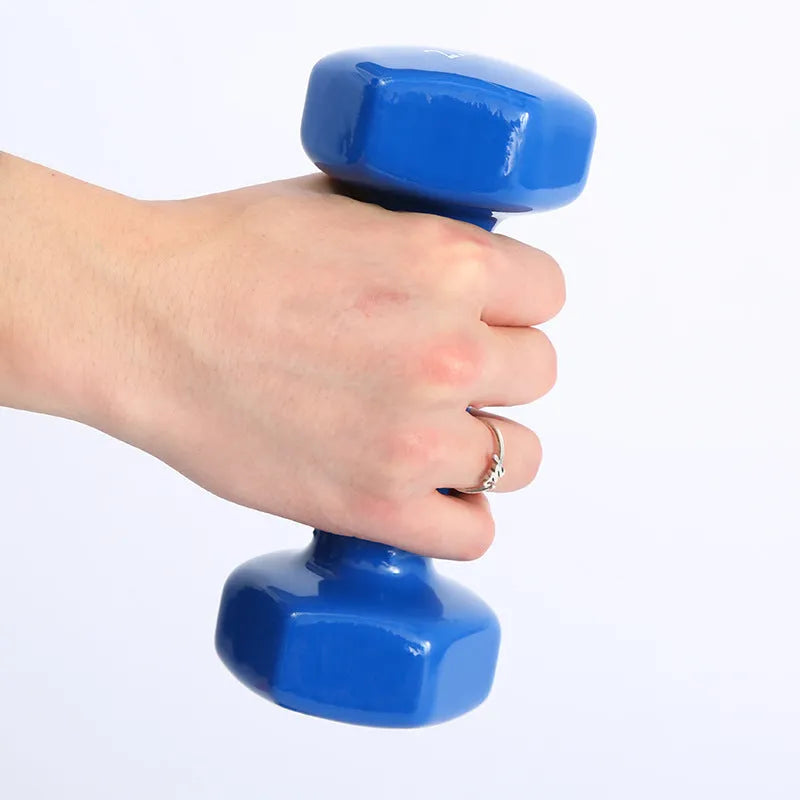 Coloured plastic coated fitness dumbbell available in multiple weights for home yoga and aerobics