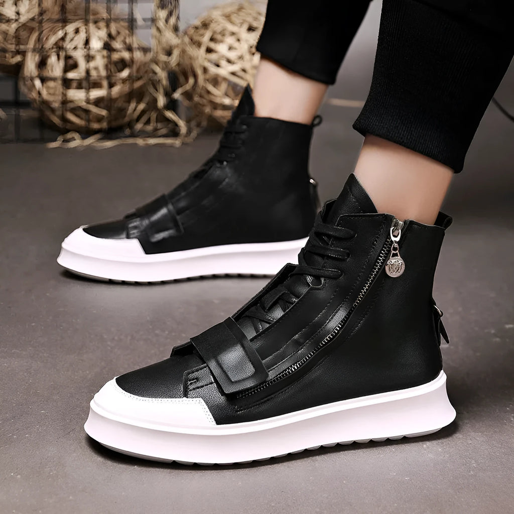 Men's black and white PU leather ankle boots in high-top sneaker style for winter
