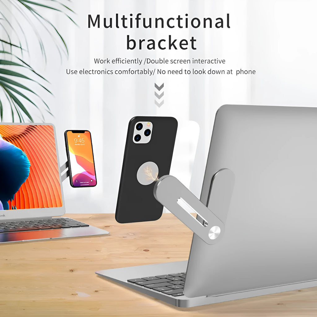 Aluminium laptop side mount bracket holding a tablet next to a laptop screen.