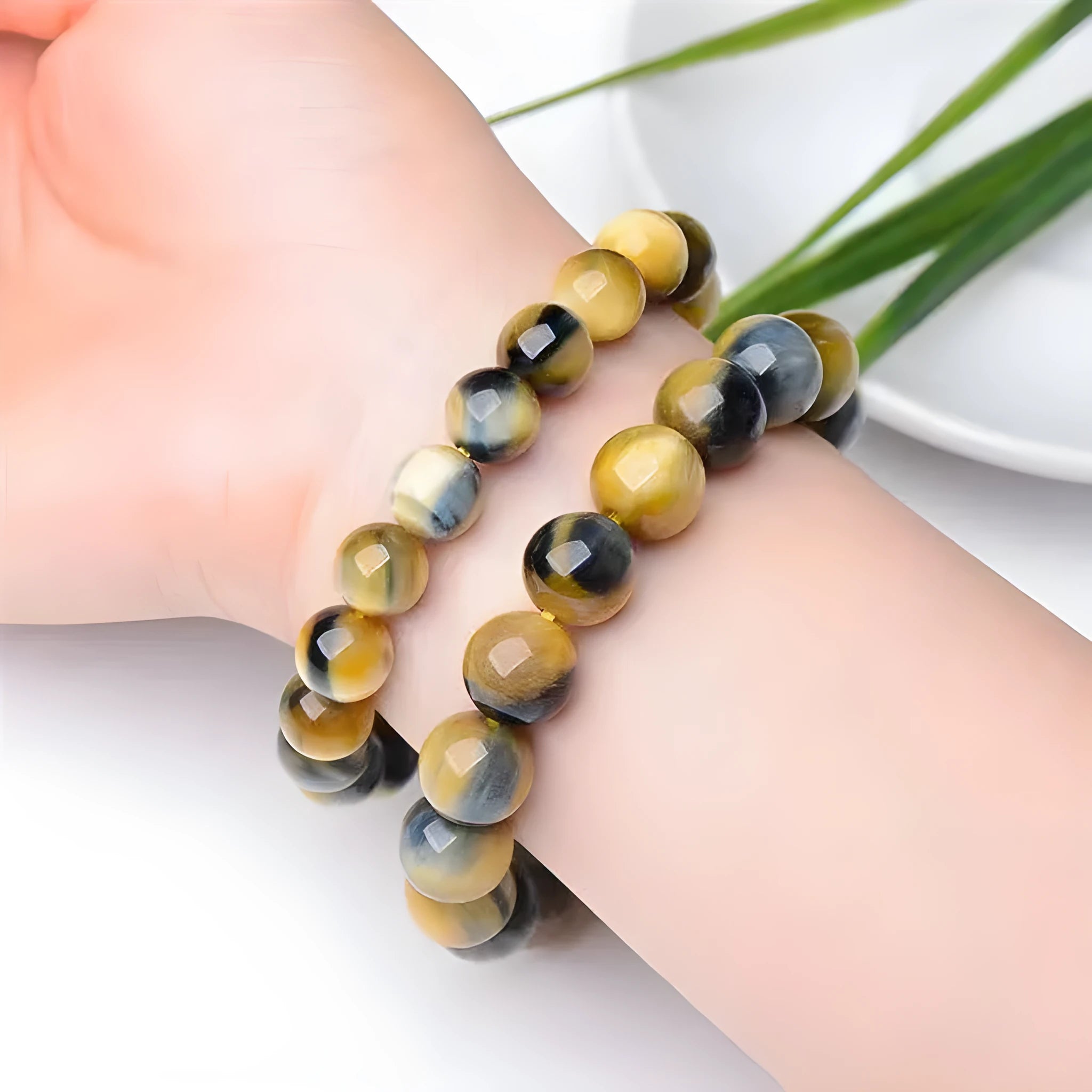 Handmade fantasy tiger eye agate bracelet with round beads in geometric unisex design