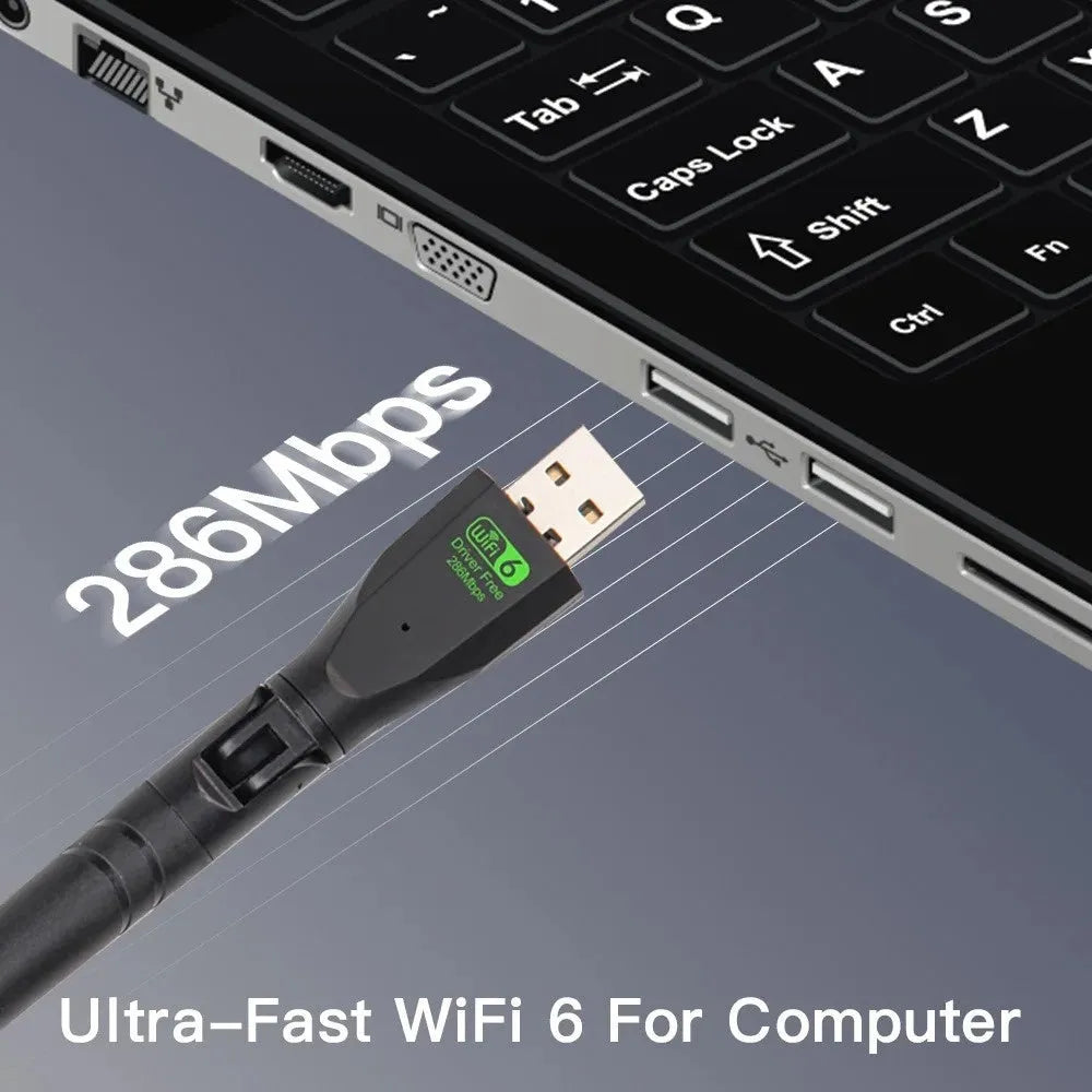 Black USB WiFi6 wireless network card with driver-free operation for Windows PC laptop connectivity
