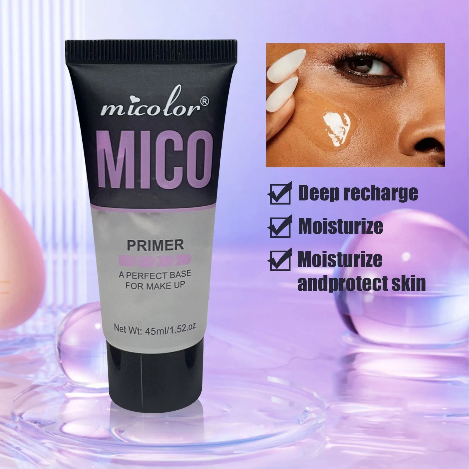 Two make-up spray bottles: 45ml pre-makeup primer lotion and 40ml finishing spray in monochrome design