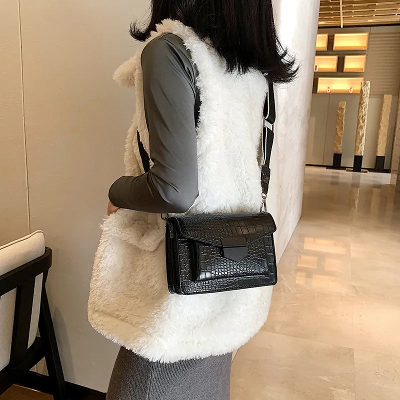 Vintage crossbody bag in PU fabric, dimensions 20cm by 14cm by 7cm, shown in available colours.