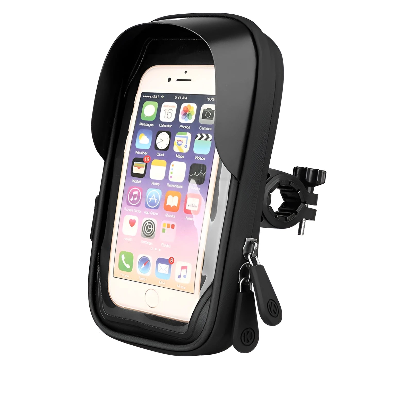 TPU waterproof mobile phone stand mounted on bicycle handlebar with phone visible through touchscreen layer