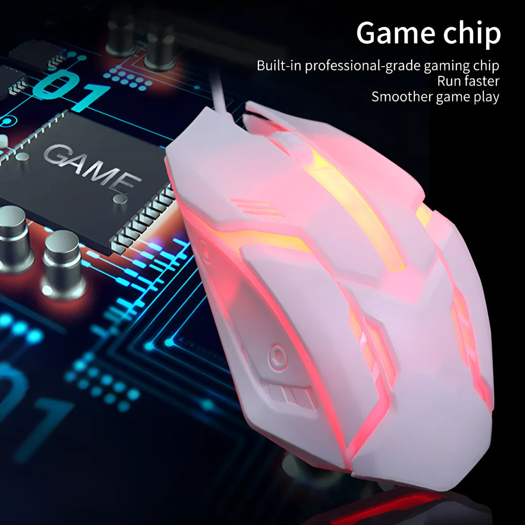 Wired desktop mouse with luminous glow effect showing black and white colour variants