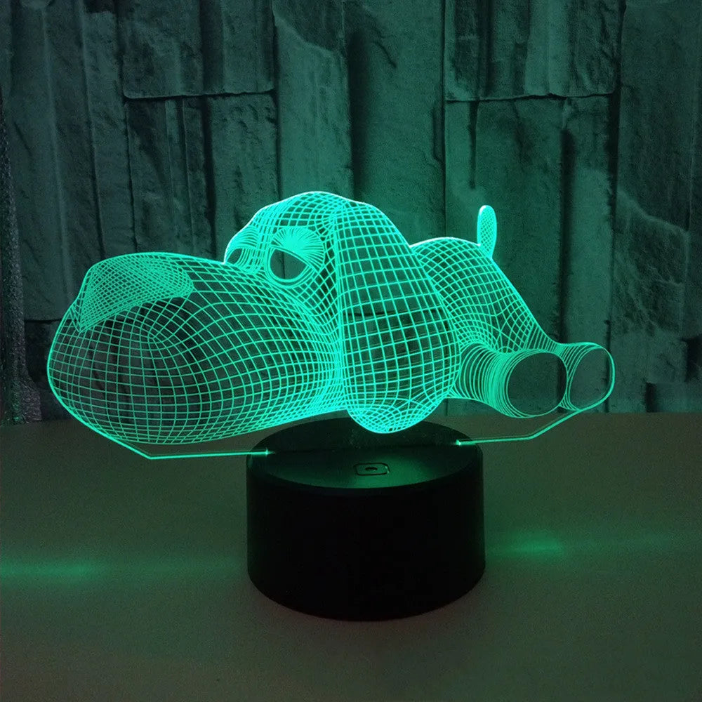 3D illusion dog desktop lamp showing seven colour options with touch button control