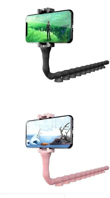 Black flexible lazy bracket phone holder extended to 62cm with suction cup mount showing 360° rotation mechanism