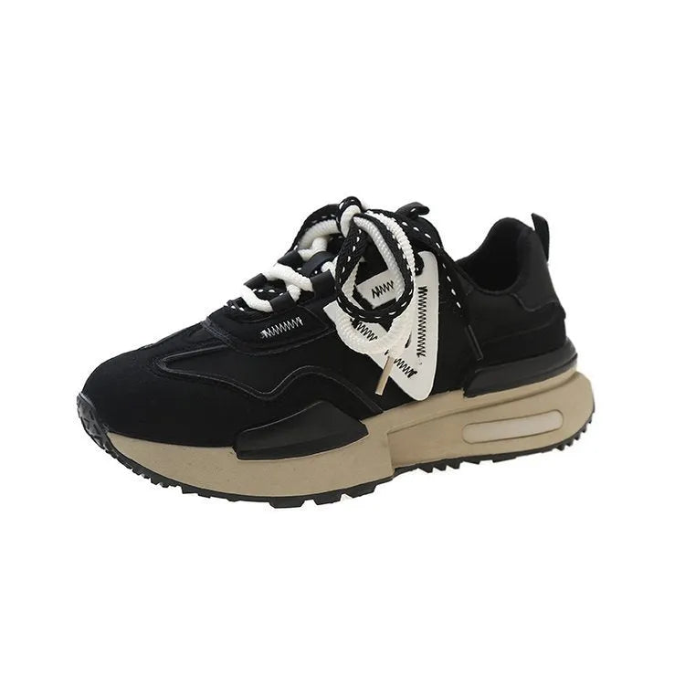 Women's retro platform sports shoes in black with artificial PU upper and rubber sole