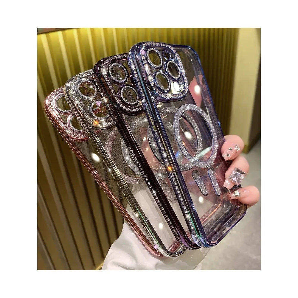 Wireless magnetic soft silicone phone case for iPhone in deep purple, rose gold, space silver, or far peak blue.