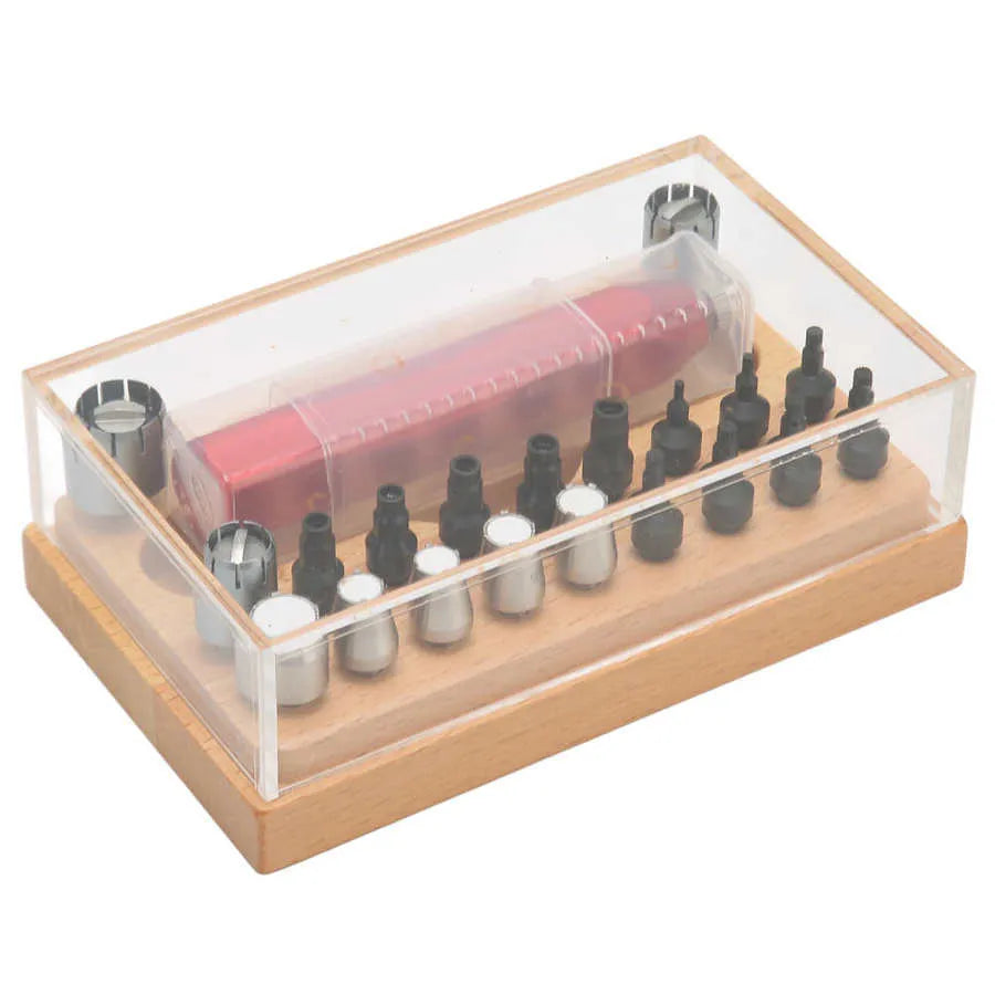 20-piece steel watch repair tool extracting tube open set on a workbench