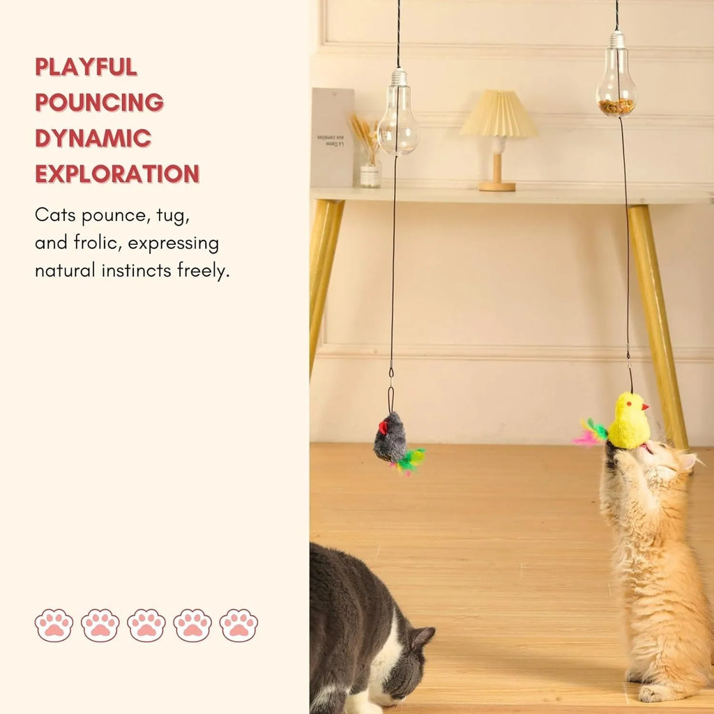 Retractable cat teaser toy hanging on door frame with dangling mouse toy and treat reward bulb