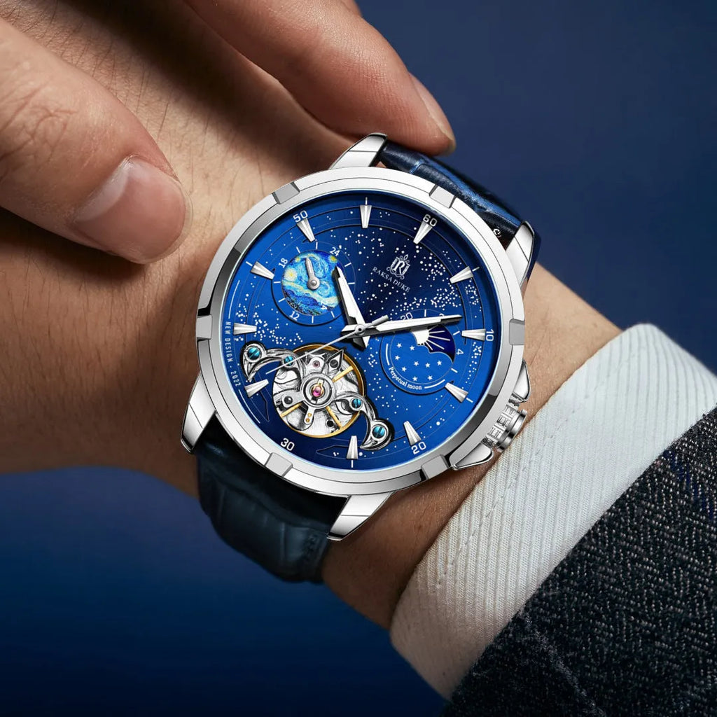 Men's blue automatic mechanical watch with stainless steel case