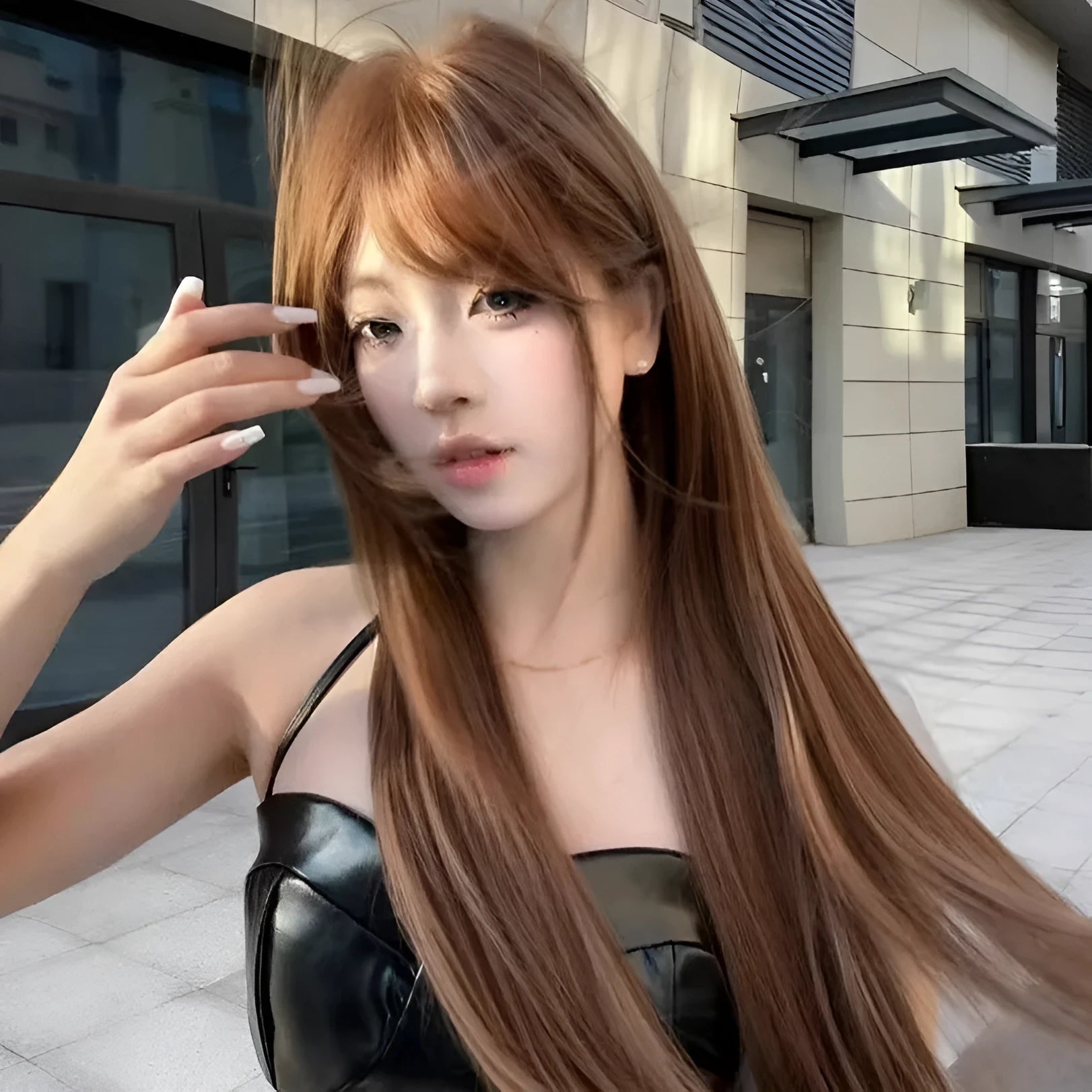 Warm brown long straight synthetic wig with full bangs, 30cm length.