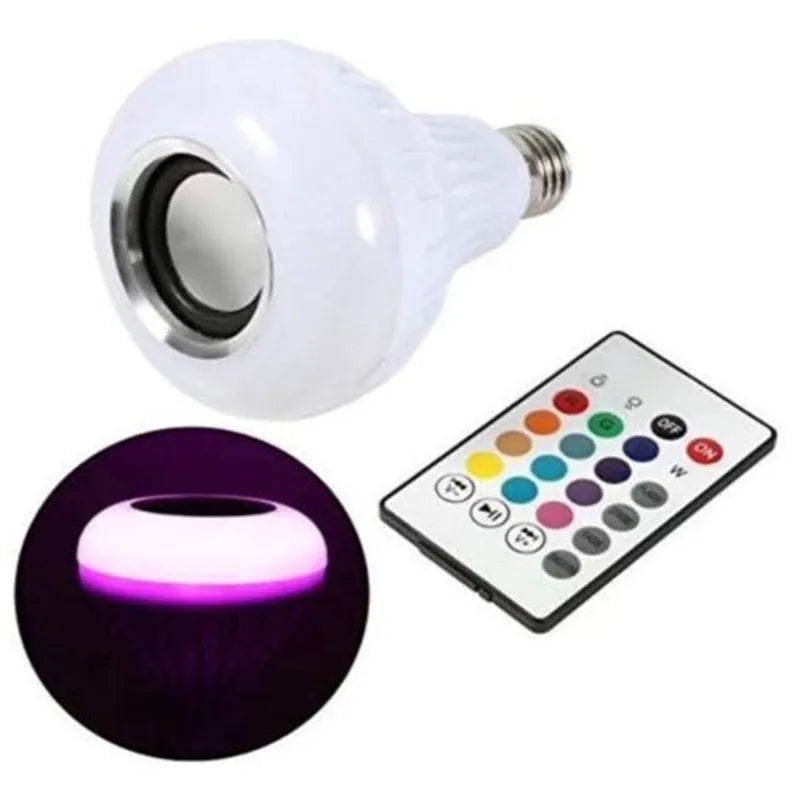 White Bluetooth smart light bulb with E27 base and remote control for 16 colour options and audio.