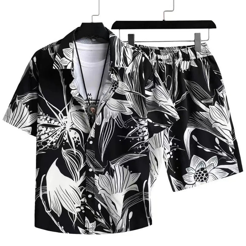 Men's digital print casual suit with cardigan and shorts in four-sided elastic polyester fabric