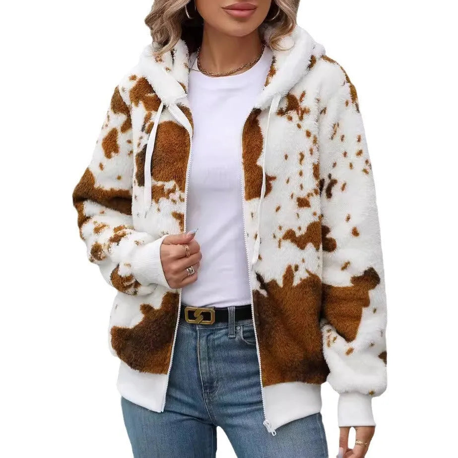 Yellow brown cow animal print hooded plush cardigan jacket with full zip and regular sleeves.