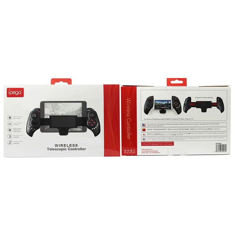 PG-9023 wireless telescopic Bluetooth gamepad controller shown extended, compatible with iPhone and Android phones.