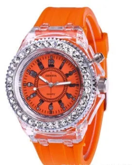 Geneva women's luminous LED quartz watch with 43mm round dial and silicone strap