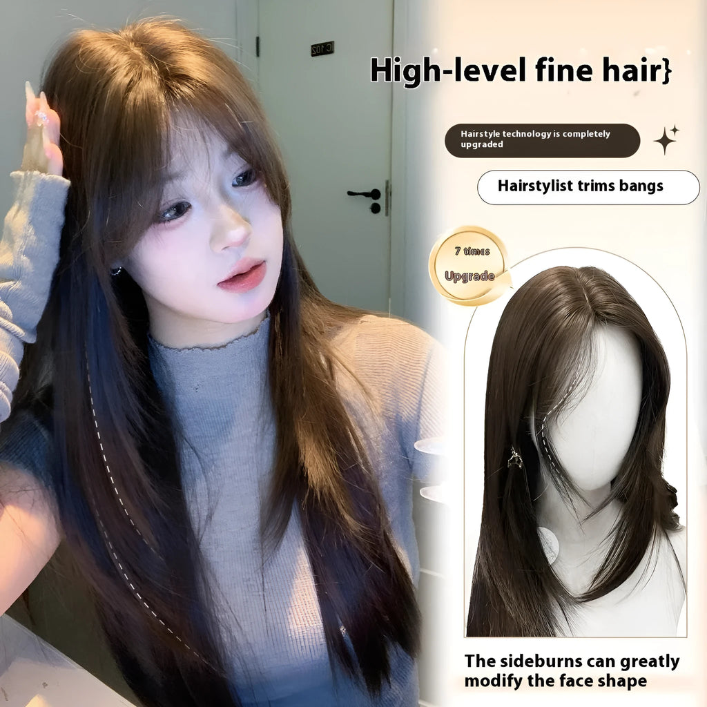 Cold brown long straight layered synthetic wig on a model, showing lace front detail.