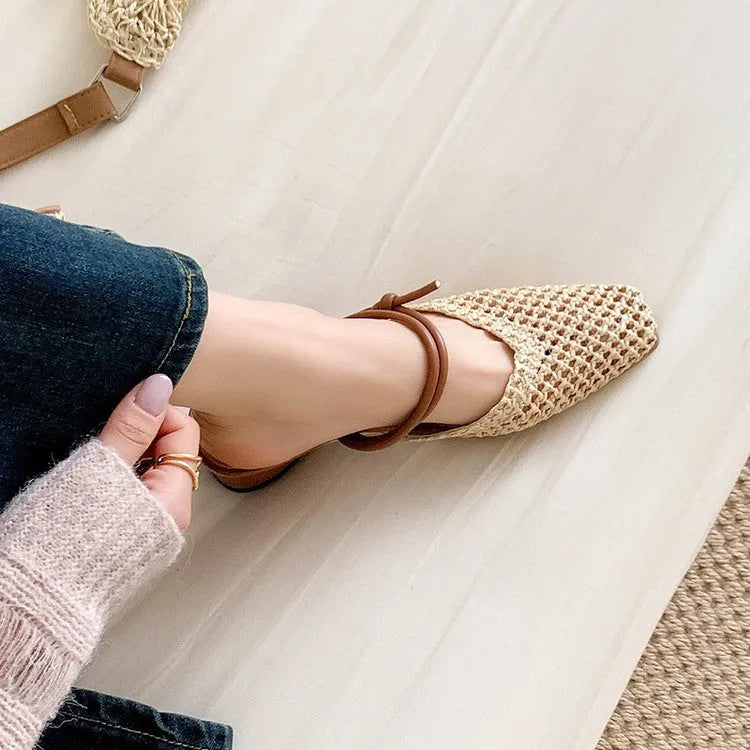 Women's French style square toe slippers with hollow-out design and chunky heel in black colour