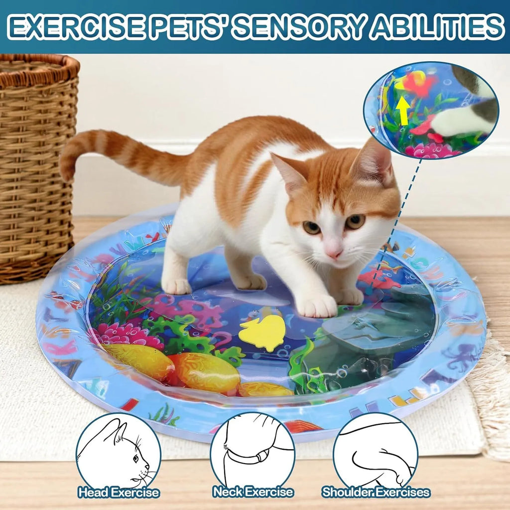 Water sensory playmat for cats with floating toys in ocean theme design on blue PVC surface