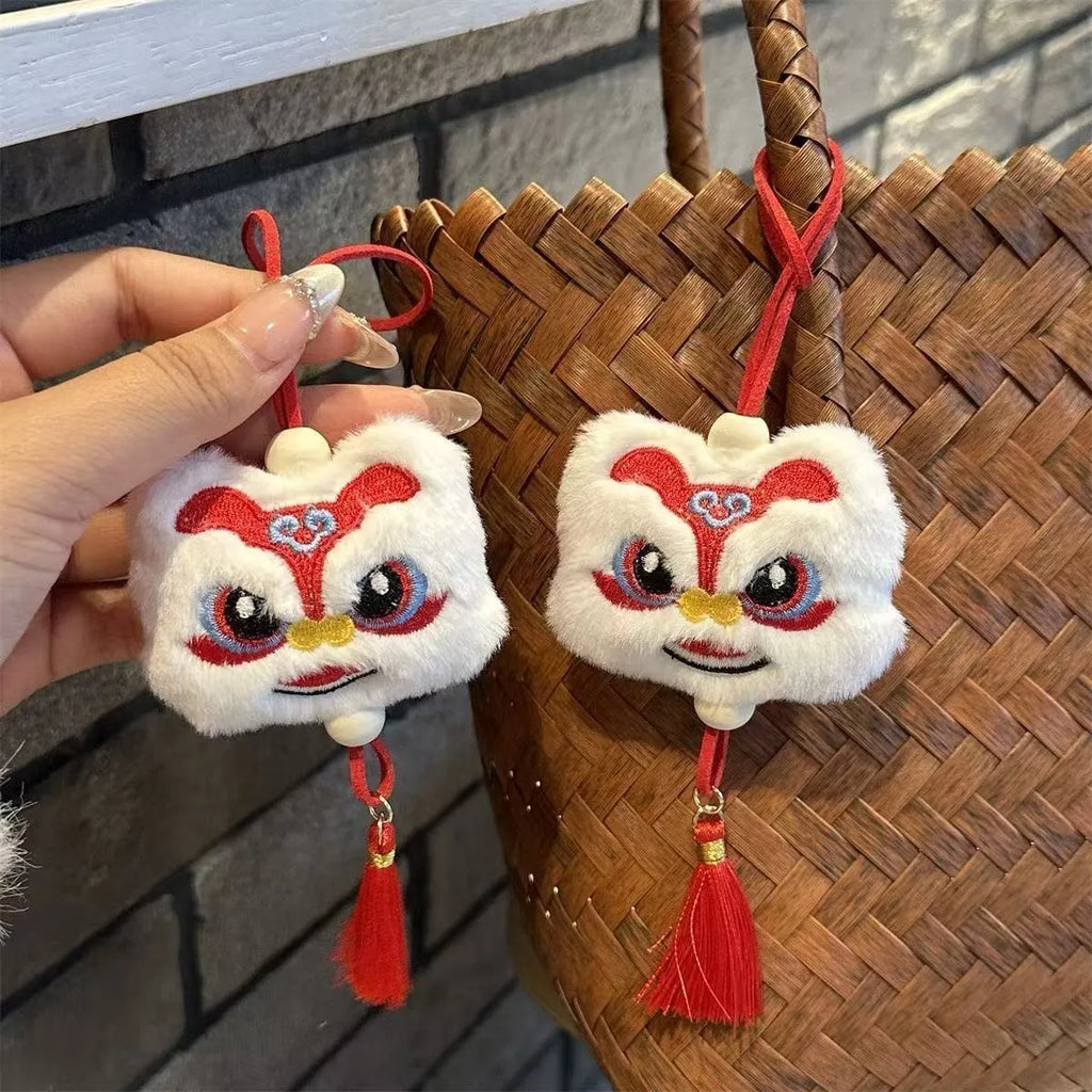 Chinese style blue plush lion keychain ornament with star stone decorations and tassel