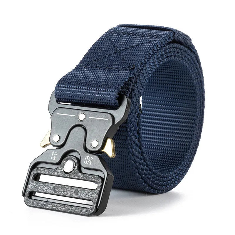 Men's thick canvas tactical belt with alloy buckle in 120cm length on colour background