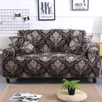 Geometric abstract print stretch sofa slipcover on a modern sofa