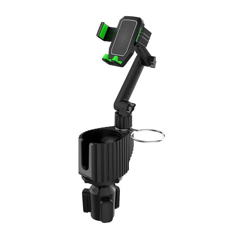 Green car cup holder extension tray with slots for a kettle and a mobile phone.