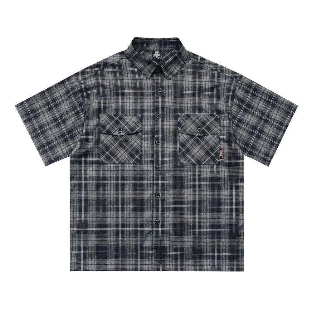 Men's short sleeve plaid shirt with letter embroidery and lapel collar in black or brown cotton blend fabric