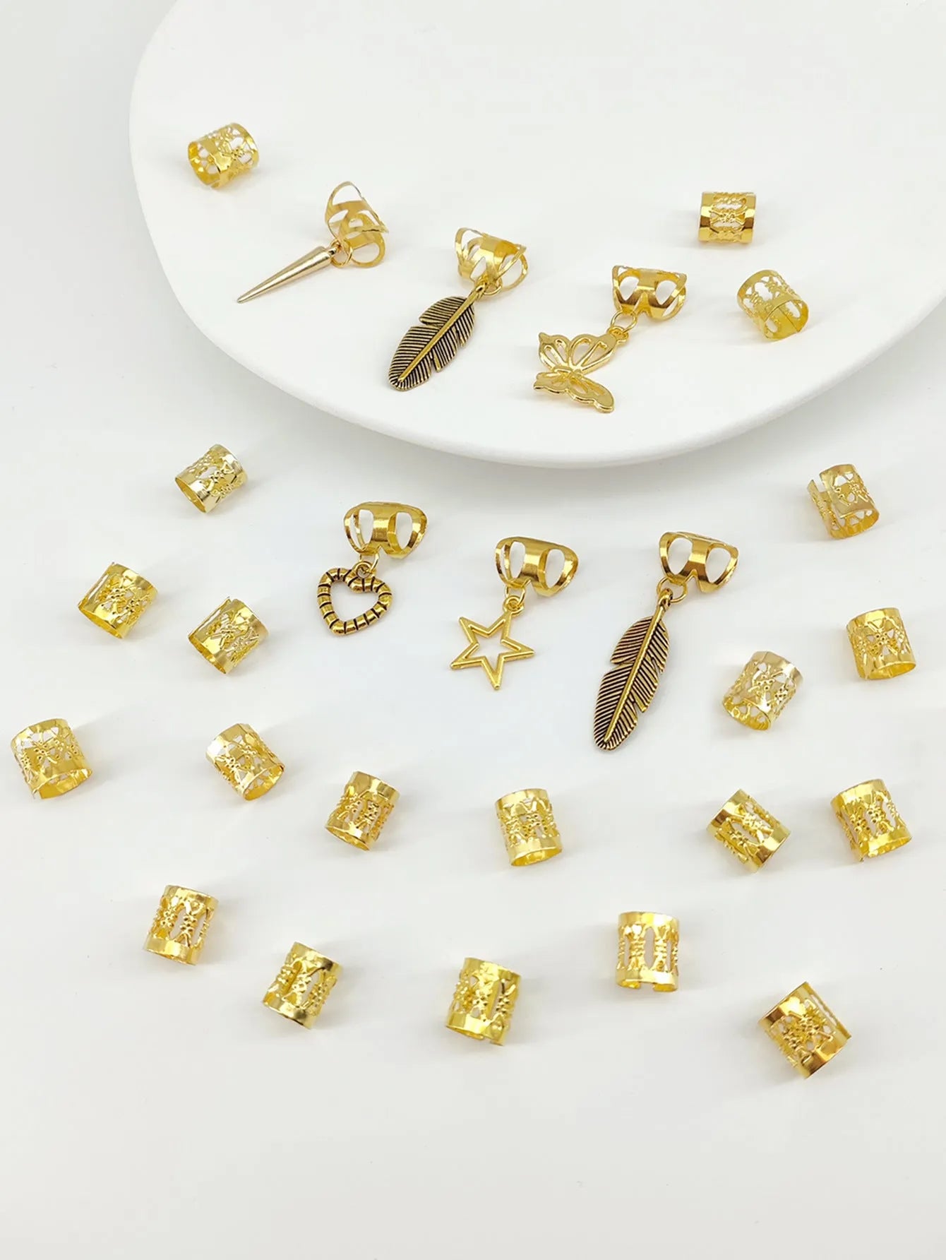 26-piece pack of antique style dirty braid hair rings in electroplated gold or silver alloy