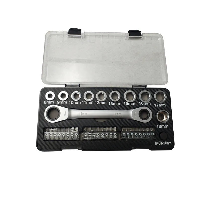 Two-way ratchet wrench set with sockets and screwdriver bits arranged beside the tool