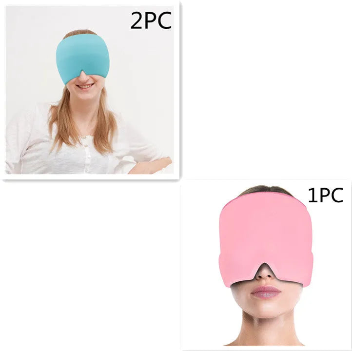 Black elastic cloth gel cooling eye mask for headache relief, shown with adjustable strap.