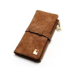 Korean retro matte leather long wallet open showing card slots, phone pocket, and two-fold design