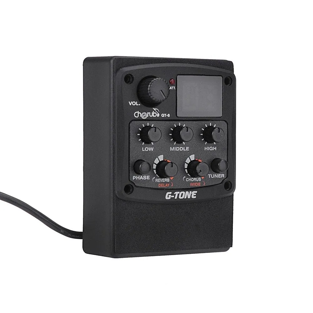 Cherub GT-6 black acoustic guitar soundhole pickup unit with control knobs for EQ and effects.