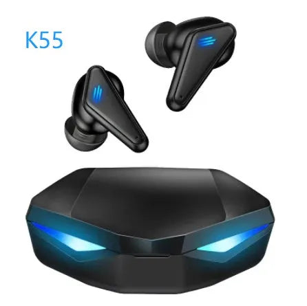 K55 wireless Bluetooth gaming headset earbuds showing earplug design with charging case