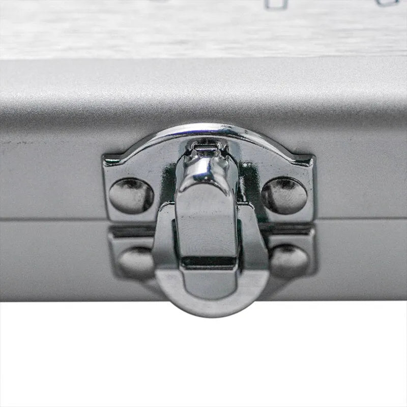 Silver aluminium storage box for TS100 soldering iron, dimensions 154mm by 147mm.