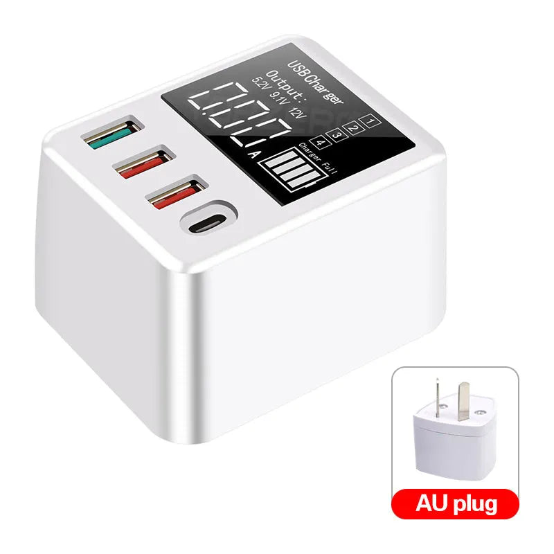 White 4-port travel charging head with LED display and UK plug for multiple device charging